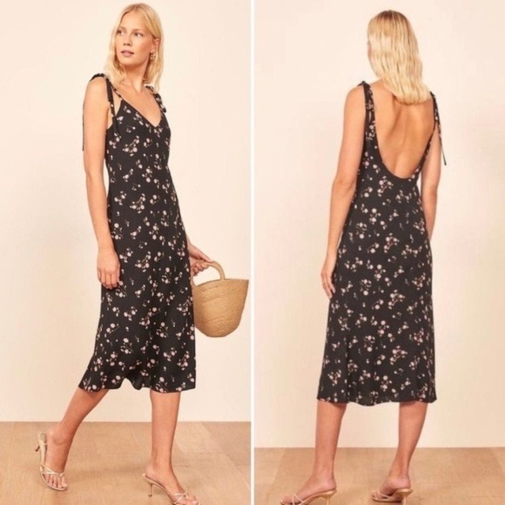 Black and pink floral midi Reformation dress (Jade Dress)